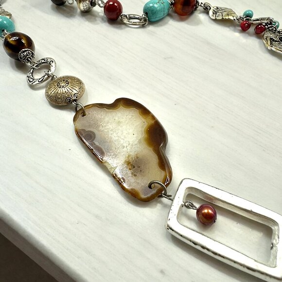 Silver Tone Long Necklace Various Stones Beads Agate Slice Fall Fashion - Picture 4 of 6
